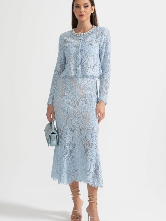 Self-Portrait Dresses & Skirts - Self-Portrait Baby Blue Lace Flared Midi Skirt
